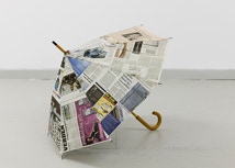 sculpture, contemporary art, umbrella, newspapers